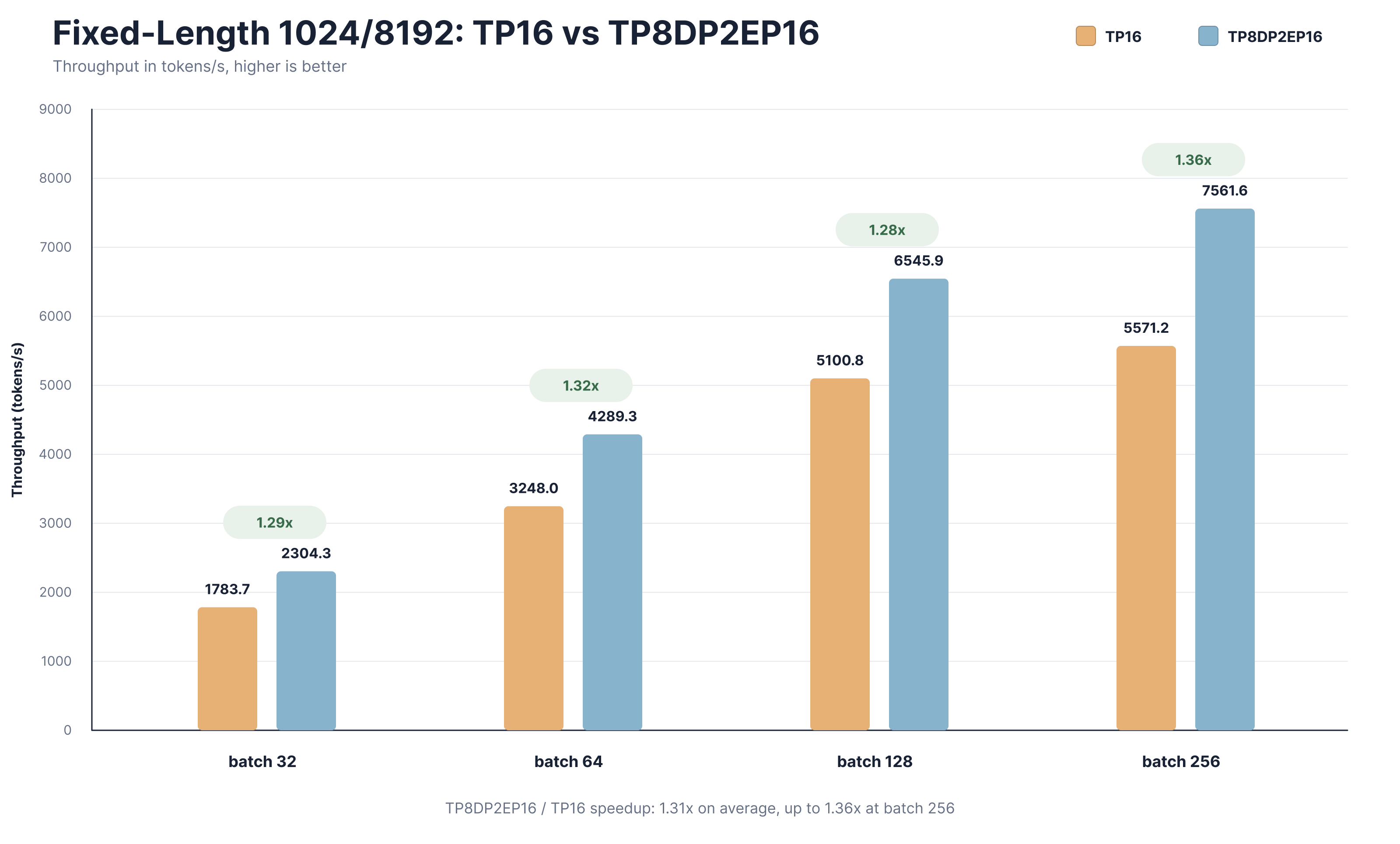Throughput comparison of TP16 and TP8 × DP2 × EP16 at fixed input and output lengths